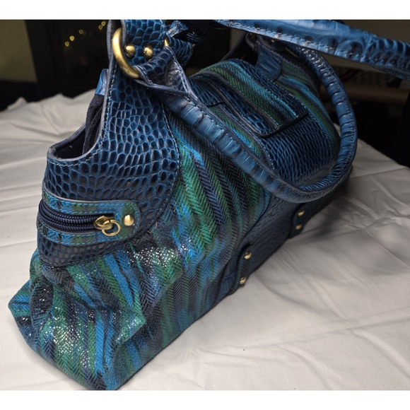 Sharif Studio Handbag Women's Blue Leather Crocodiles Embossed Satchel Vintage - Picture 4 of 8